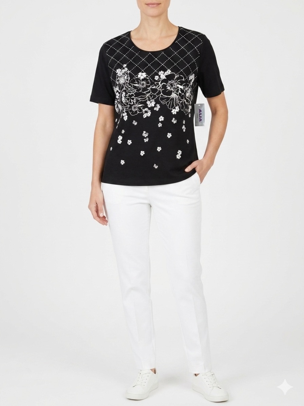Alia Black Short Sleeve Floral & Lattice Print Tee cotton blend size s